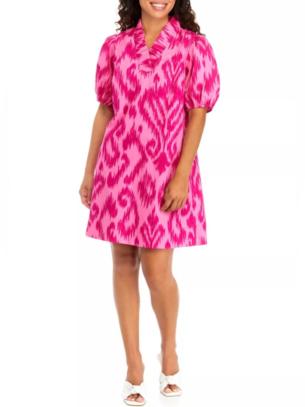 New Crown & Ivy Puff Sleeve Ruffle Neck Printed Dress